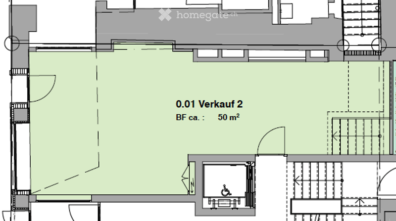 Floor plan of a 50 m² apartment labeled "0.01 Verkauf 2" with a living area, kitchen, and bathroom.