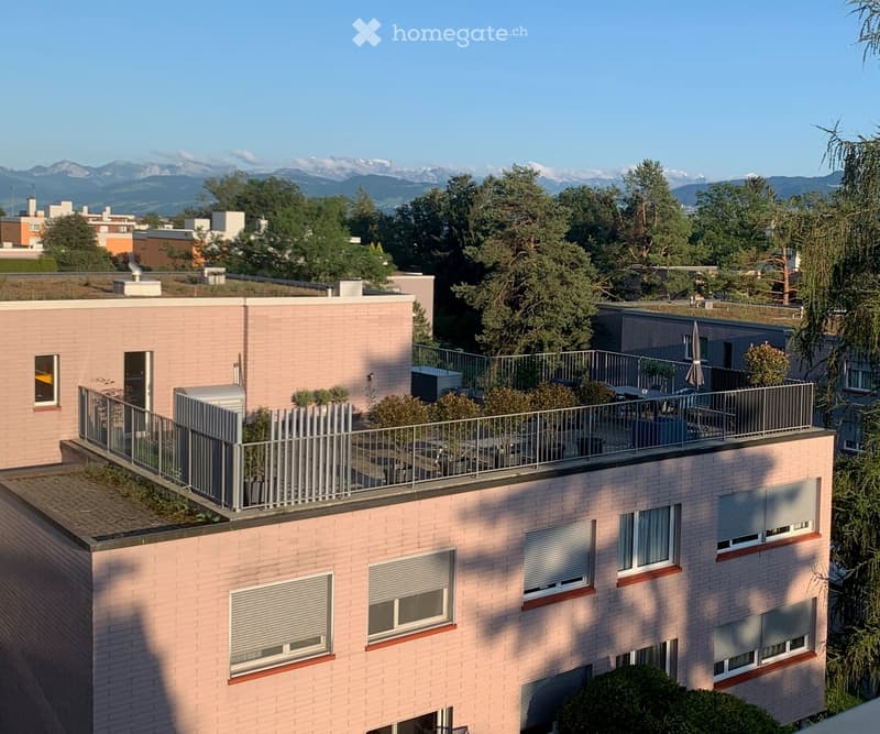 Pink brick building with multiple windows and a rooftop terrace featuring outdoor furniture and plants, overlooking a scenic mountain view.
