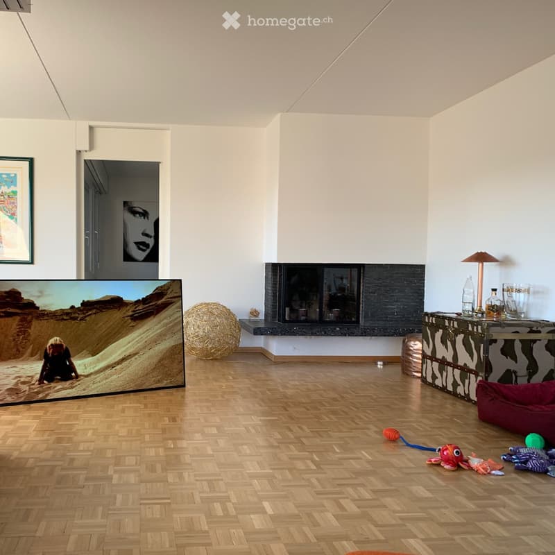 Modern living room with wooden floor, fireplace, large screen, table with lamp, and toys on the floor.