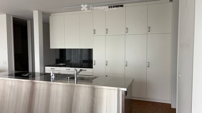 Modern kitchen with white cabinets, stainless steel countertop, and sink.