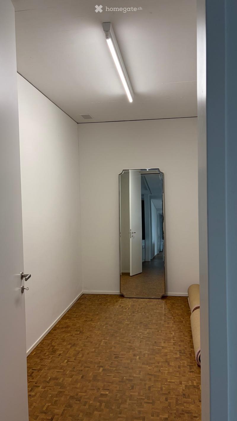 A narrow hallway with white walls, wooden flooring, and a large mirror reflecting the adjacent room.