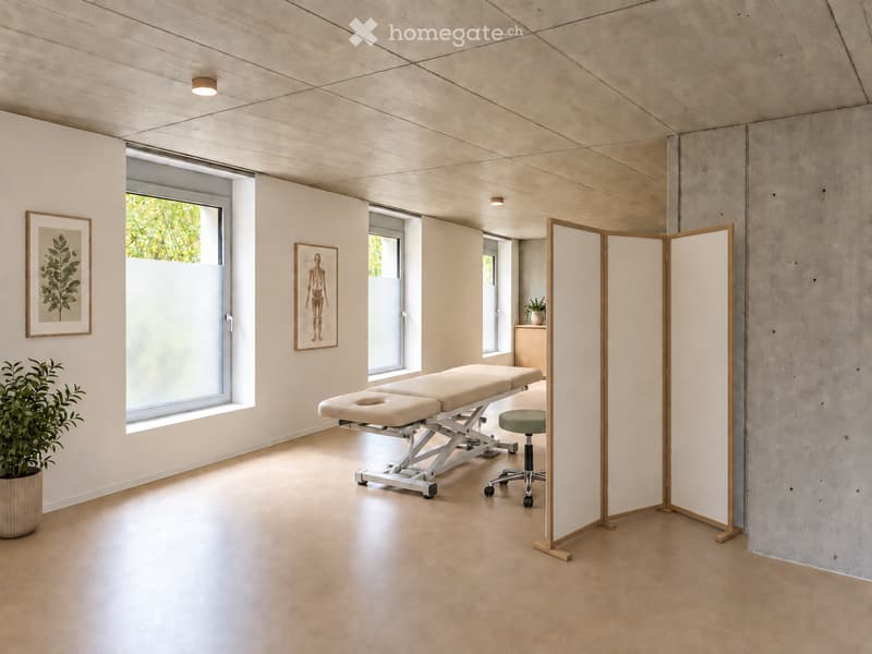 Modern, minimalist room with light wood flooring and white walls, featuring a treatment table, a stool, a screen, a potted plant, and framed artwork.