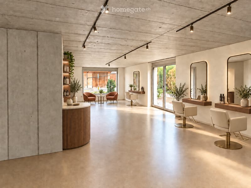 Modern, minimalist salon with polished concrete floors, white walls, and exposed wooden ceiling beams. Features include a reception desk, salon chairs, mirrors, and decorative plants.
