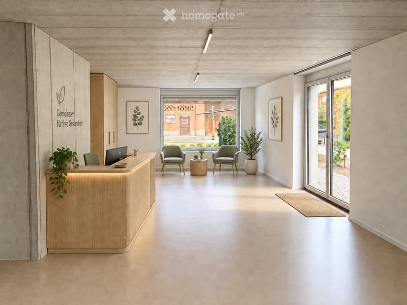 Modern reception area with a wooden reception desk, two armchairs, a small table, and several potted plants. The space features large windows and a clean, minimalist design.