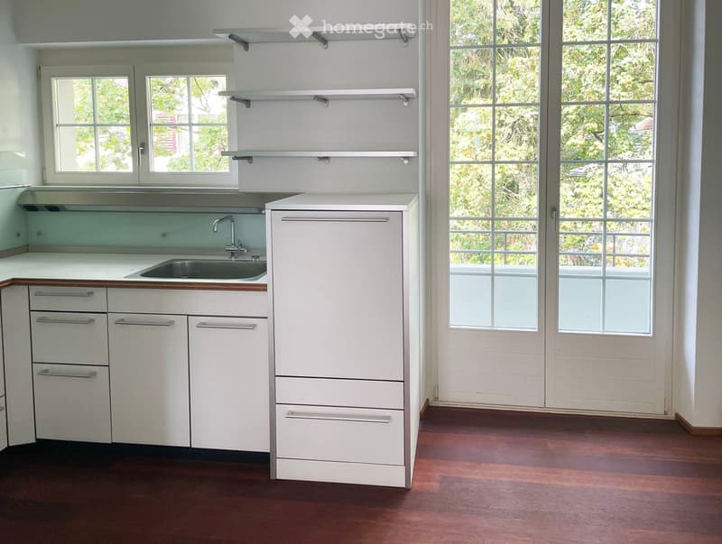 Modern kitchen with white cabinets, a sink, and a faucet, featuring wooden flooring and large windows with a view of greenery.