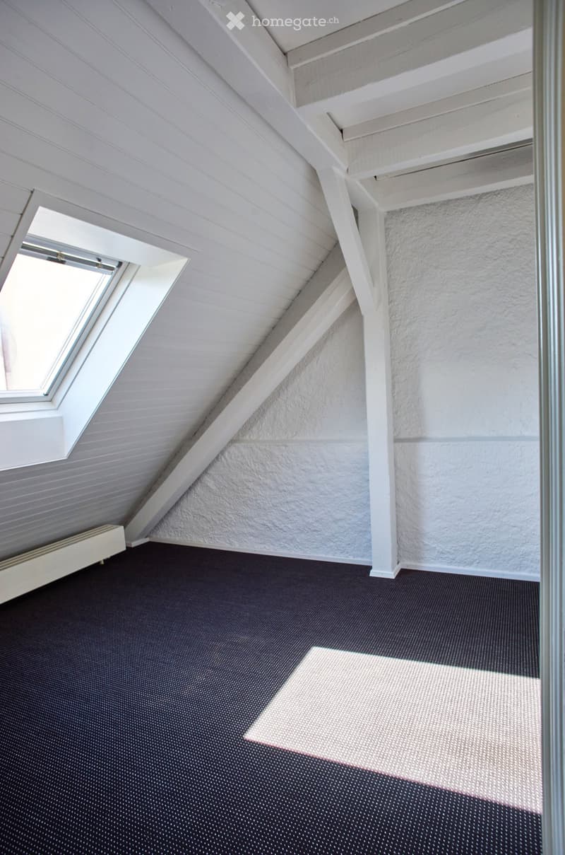 An empty attic space with white wooden slatted ceiling, dark carpeted floor, and a small skylight window letting in natural light.