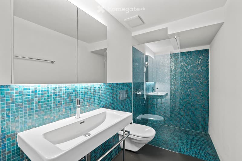 Modern bathroom with white walls, teal mosaic tiles, a large sink, toilet, and a glass-enclosed shower area.