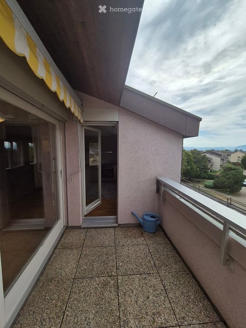 Balcony with tiled floor, metal railing, and a blue watering can placed near the railing. The balcony has large glass doors leading to an indoor space, and the roof has a wooden overhang with a yellow and white striped awning.