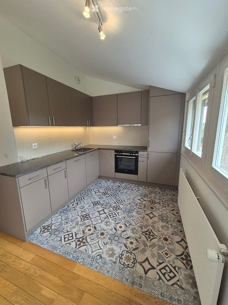 Modern kitchen with grey cabinets, granite countertop, sink, faucet, and oven. Decorative patterned tile floor and wooden flooring.