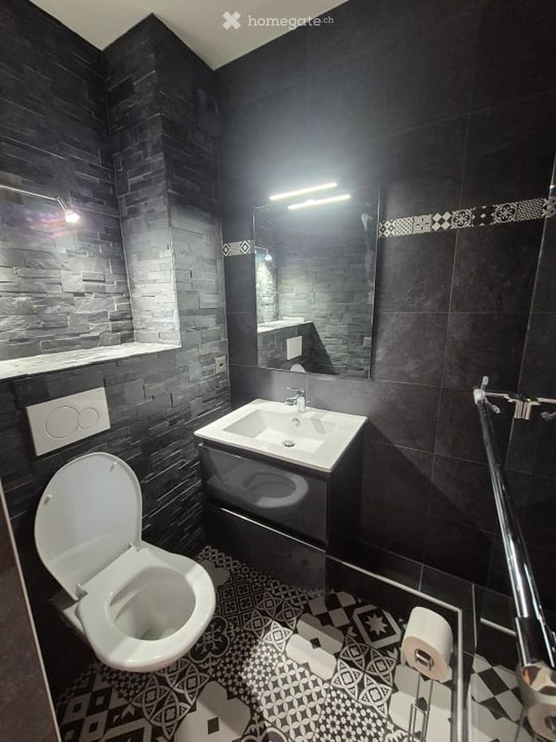 Modern bathroom with black tiled walls and floor, white toilet, sink, and mirror. Features geometric patterned tiles and built-in storage.