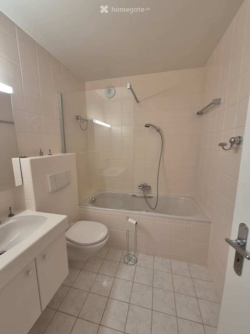 Modern bathroom with light pink tiles, a bathtub with a glass shower enclosure, a toilet, a sink with a cabinet, and a towel rack.