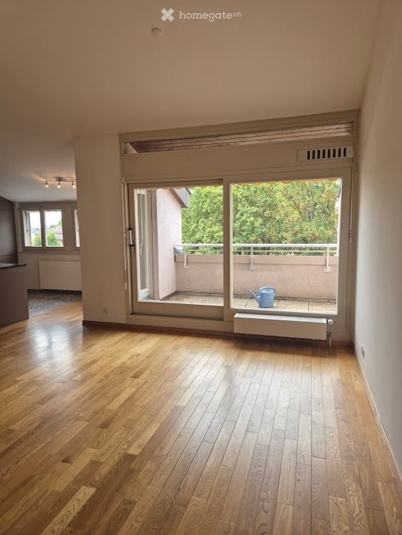 Empty room with wooden flooring, large sliding glass door leading to a balcony, radiator, and a small blue watering can on the balcony.