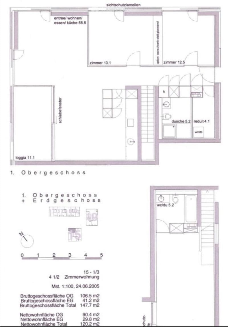 Floor plan of a 4.5-room apartment with two levels, showing living/dining/kitchen area, bedrooms, bathrooms, and a loggia.