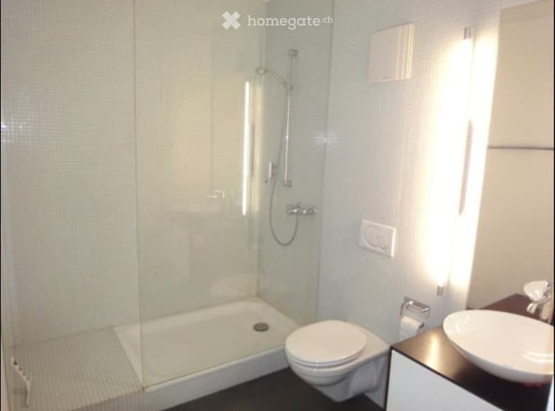 Modern bathroom with a glass-enclosed shower, toilet, and sink. Features include a sleek design with light-colored tiles and a dark floor.