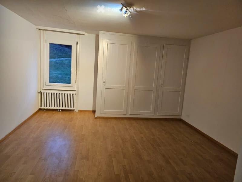 Empty room with wooden flooring, white walls, a window with frosted glass, a radiator, and built-in white closet doors.