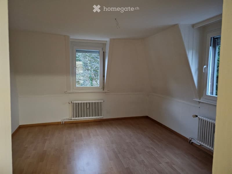 Empty room with wooden flooring, two windows, and radiators on both walls.