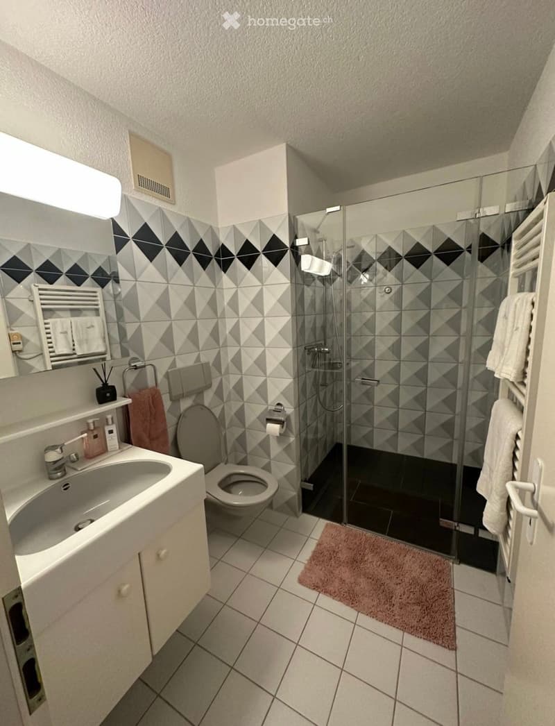 Modern bathroom with white tiles, geometric patterned tiles on walls, a sink with a mirror, a toilet, a glass-enclosed shower, and a towel rack with towels.