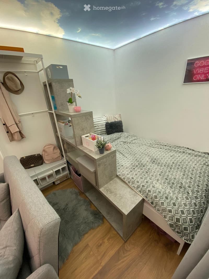 A cozy, compact room with a bed, sofa, small table, and shelves. The room features a wooden floor, a fur rug, and a ceiling with a sky-like design.