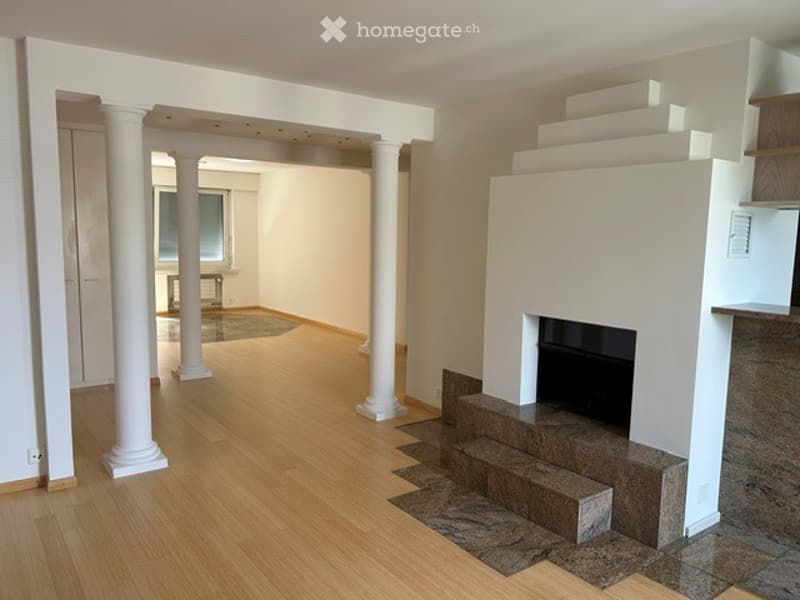 Open-plan unfurnished room with wooden flooring, white columns, and a fireplace area with steps leading up to it.