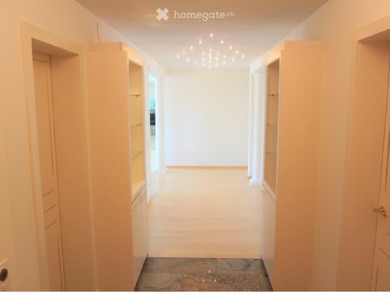 A clean, well-lit hallway with white walls, wooden flooring, built-in shelving units, and recessed lighting. The space is empty and appears to be part of a modern interior design.