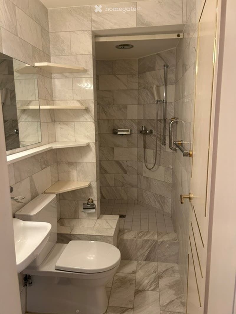 Modern bathroom with marble tiles, a toilet, sink, mirror, and a walk-in shower with a handheld showerhead.