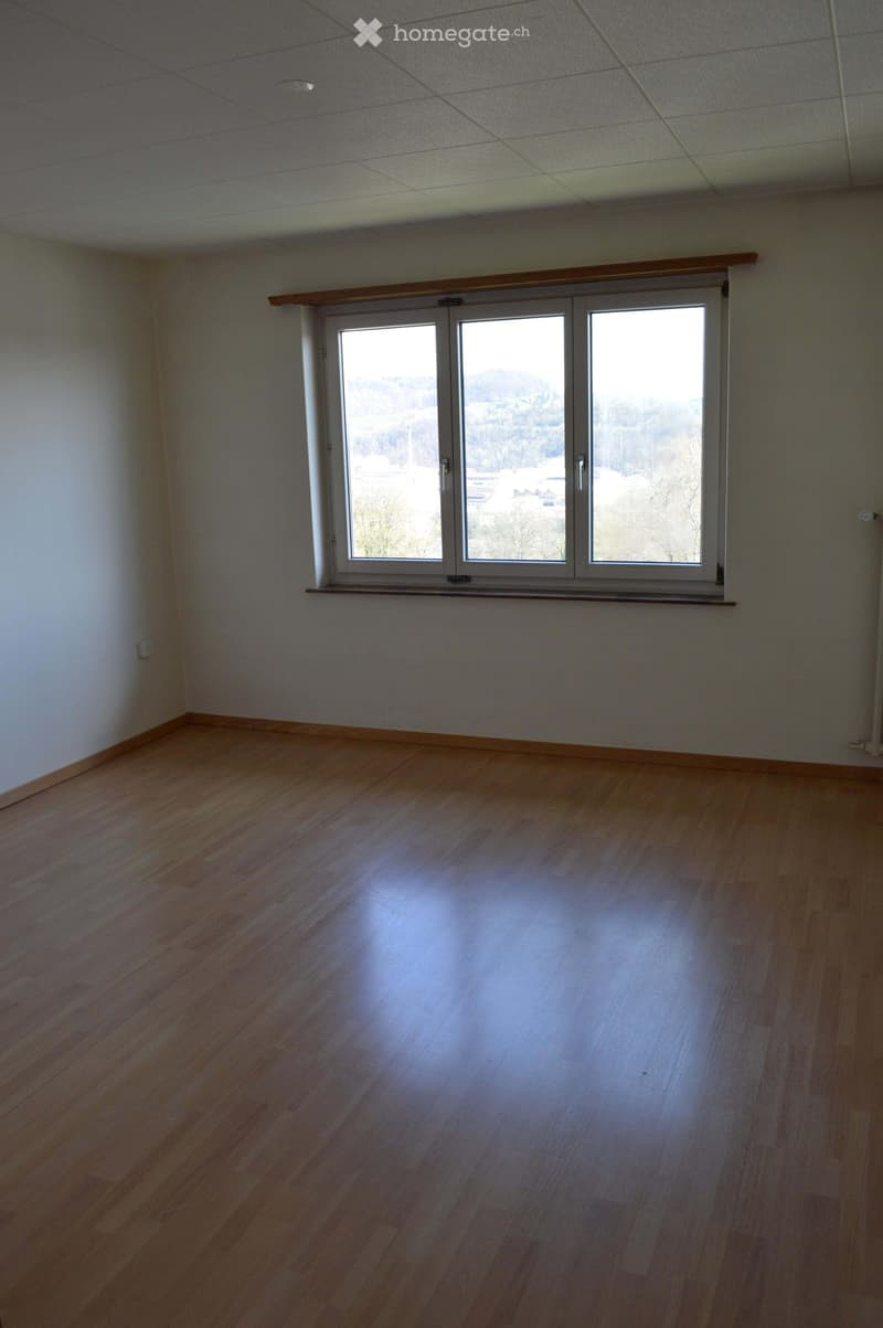 Empty room with wooden flooring, white walls, and large windows offering a scenic view.