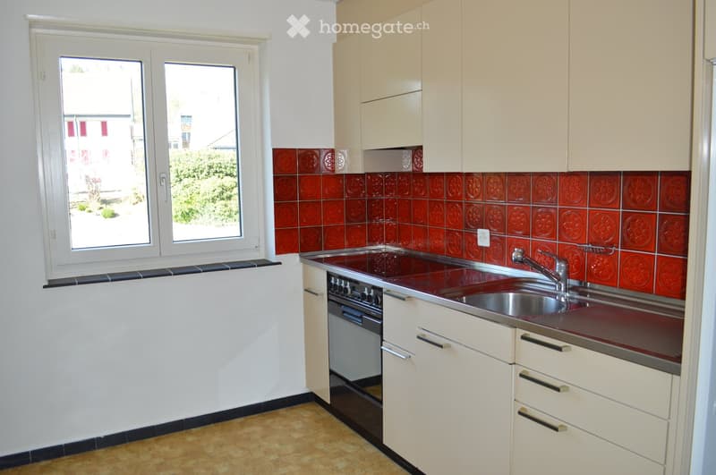 Modern kitchen with white cabinets, red tiled backsplash, stainless steel sink and faucet, and built-in oven.