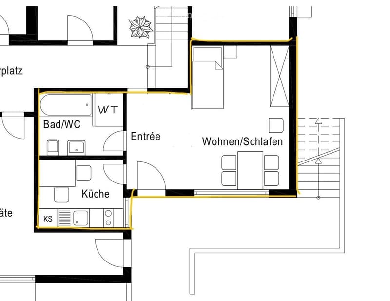 Living/Dining room, bedroom, kitchen, entrance, bath/toilet