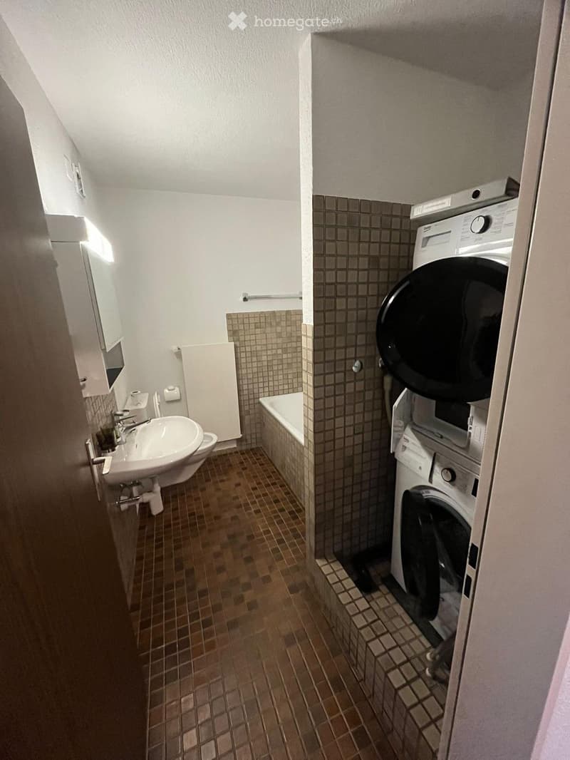 Tiled floor, white sink, modern bathtub, washing machine, dishwasher, open door