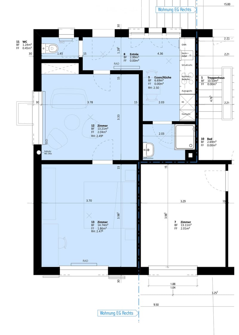 Floor plan of a residential unit with labeled rooms including a kitchen, living room, bedrooms, and bathrooms. Dimensions and room labels are provided.