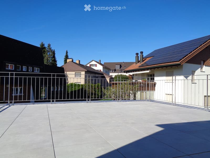 A modern rooftop terrace with a smooth concrete floor, metal safety railing, and solar panels on the adjacent house roof.