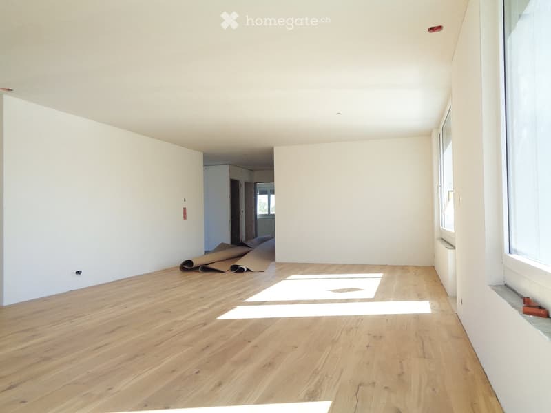 Empty room with light wooden flooring and white walls, featuring large windows and a doorway leading to another room.