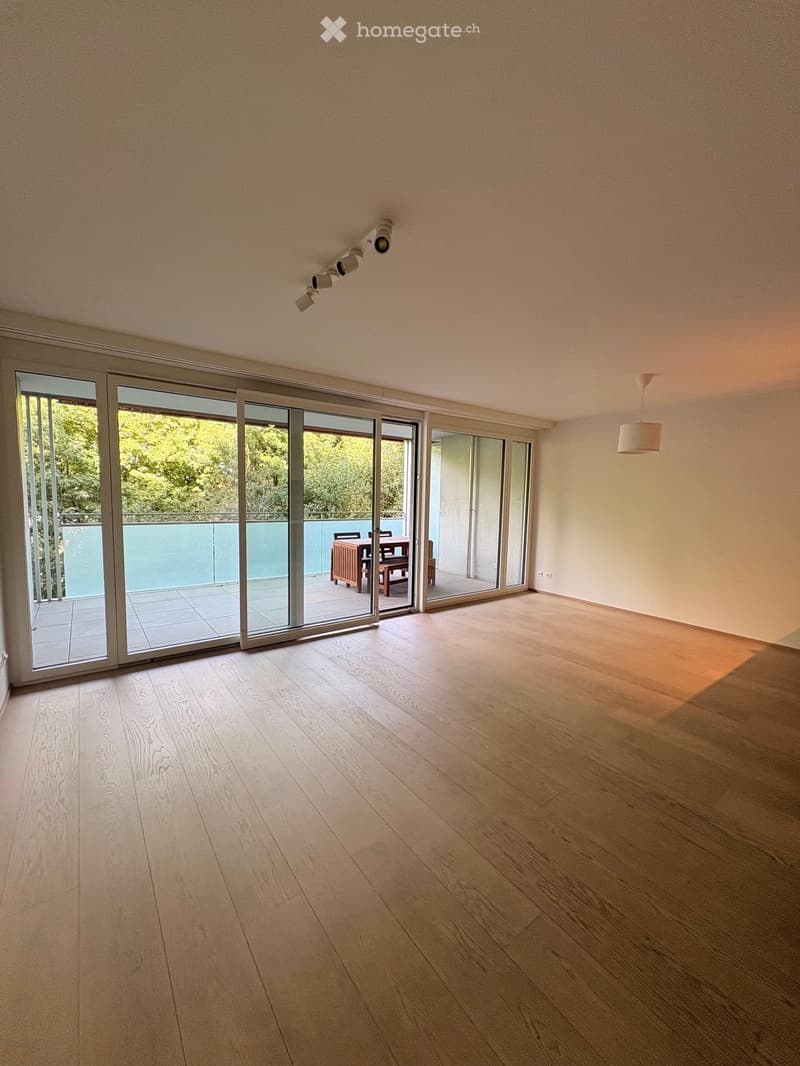 Empty room with light wooden flooring, large sliding glass doors leading to a balcony, and modern ceiling lighting fixtures.