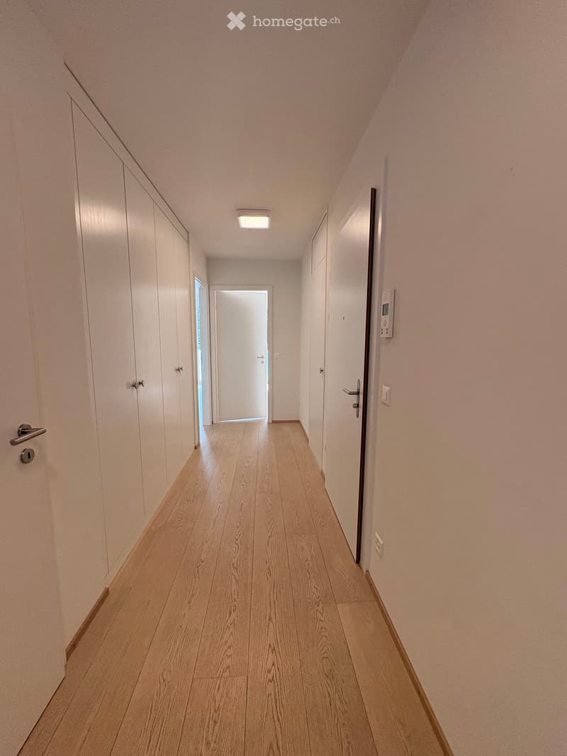 Empty hallway with light wooden flooring, white walls, and built-in white cabinets on one side. A door at the end leads to another room.
