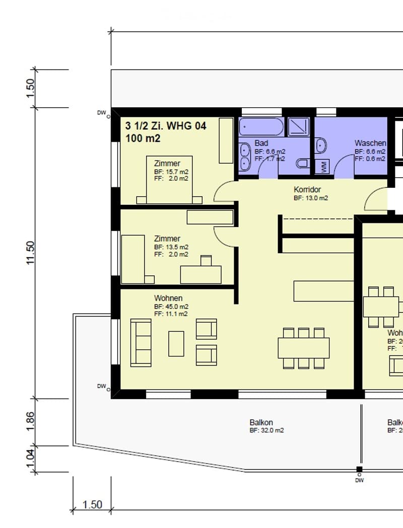 Floor plan of a 100 m² apartment with 3.5 rooms, including a living room, two bedrooms, a bathroom, a washroom, and a corridor. Features two balconies.