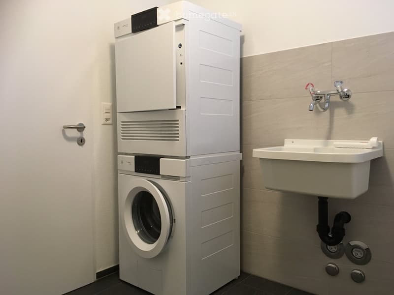 Modern bathroom with a compact sink, faucet, and stacked washing machine/dryer unit.