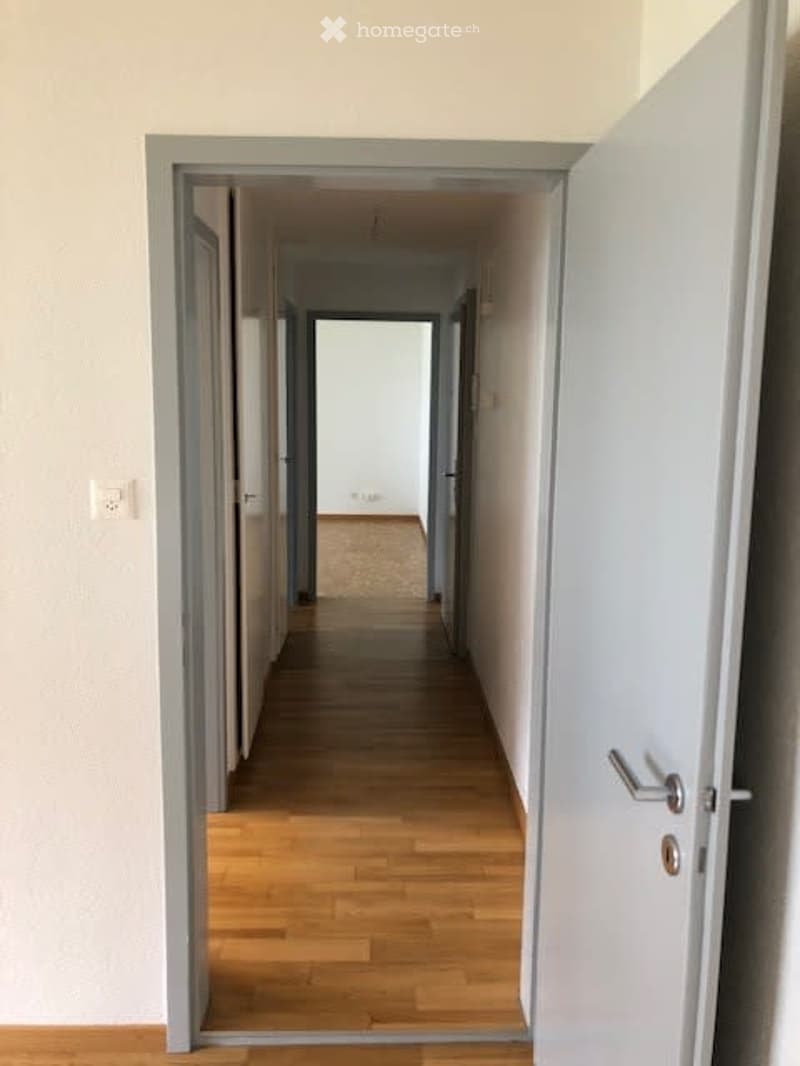 Empty hallway with wooden flooring and white walls, featuring multiple open doors leading to other rooms.