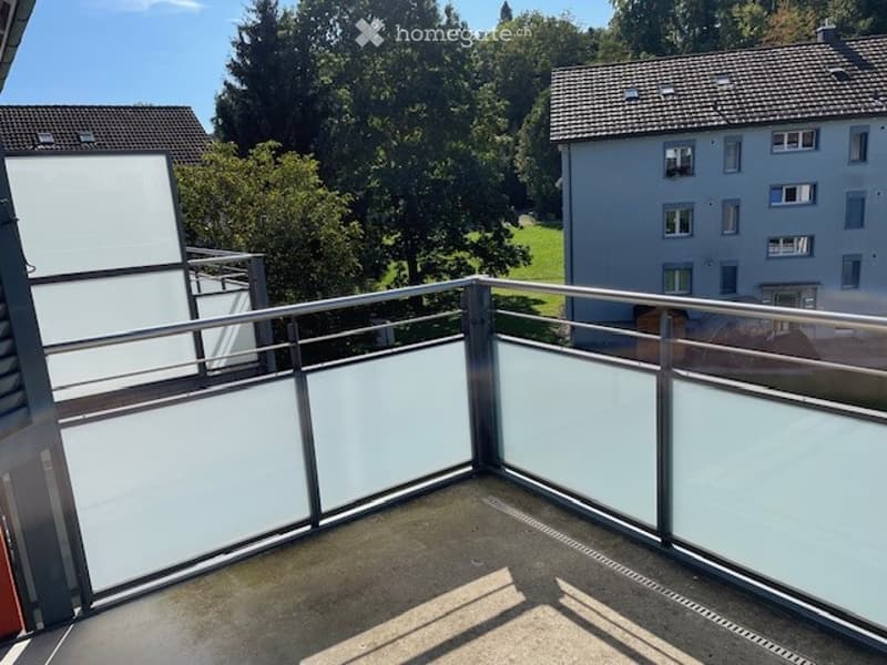 Balcony with modern glass railing, overlooking a green area with trees and neighboring buildings.