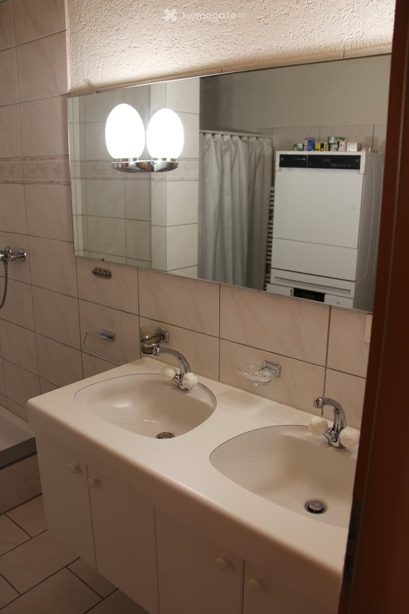 Bathroom with double sink, modern faucet, mirror with built-in lighting, and a small dishwasher unit in the background.