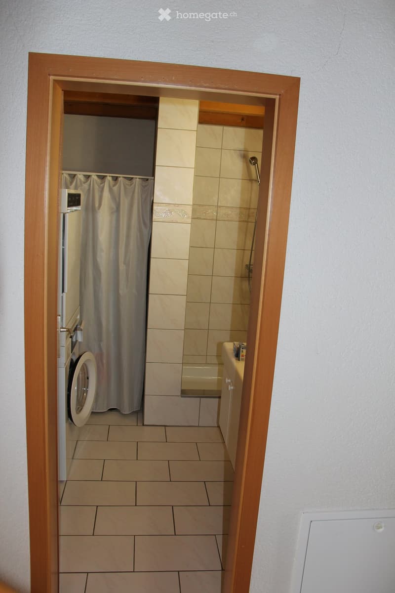 Bathroom with tiled walls and floor, featuring a washing machine, shower curtain, bathtub, and faucet.