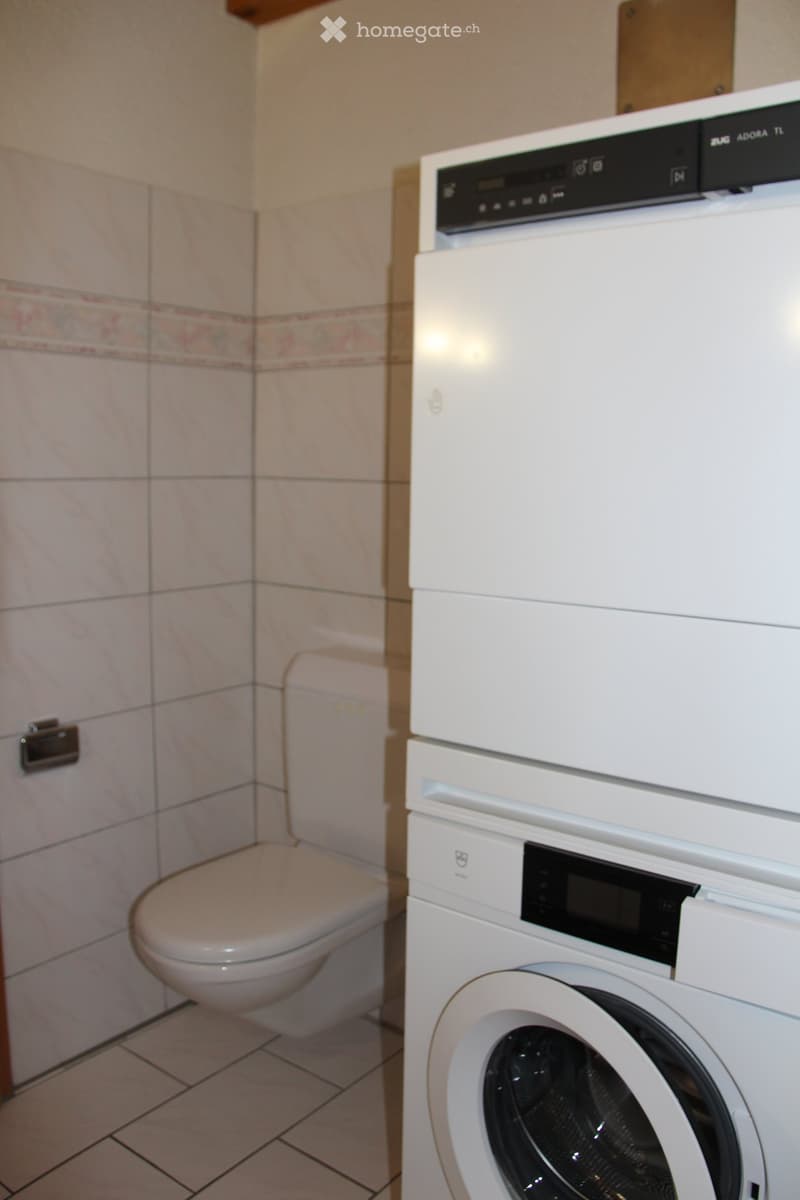 Bathroom with a toilet, washing machine, and dishwasher. Light-colored tiles and a floral border design.