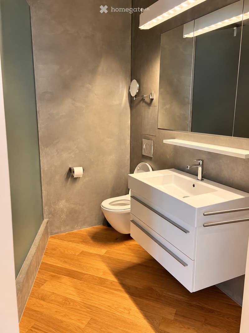 Modern bathroom with a white sink, chrome faucet, large mirror, and a toilet. The walls are textured grey, and the floor is wooden.