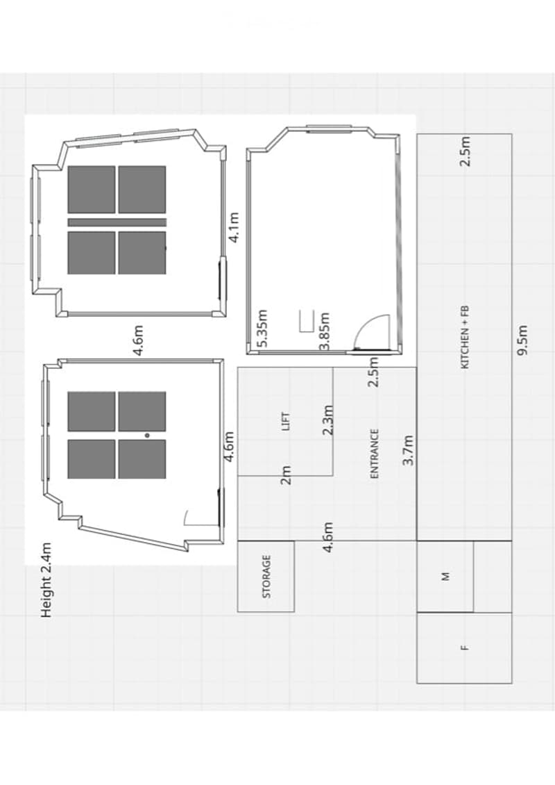 Floor plan of a two-story building with labeled dimensions, including a kitchen, entrance, storage, and multiple rooms.