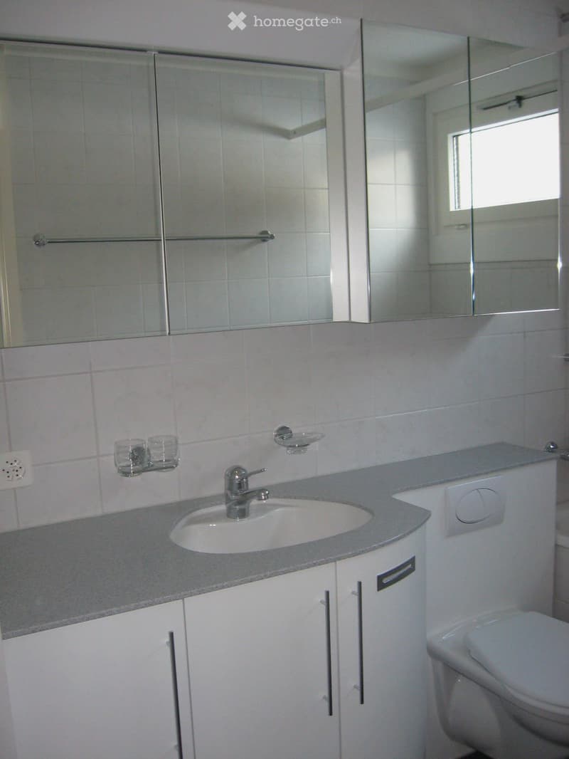 Modern bathroom with white tiles, a single sink with a chrome faucet, a large mirror, and a toilet. The countertop is grey, and there are two small cups on a shelf above the sink.