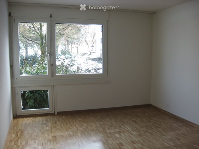 Empty room with wooden flooring, white walls, and large windows showing a snowy outdoor view.