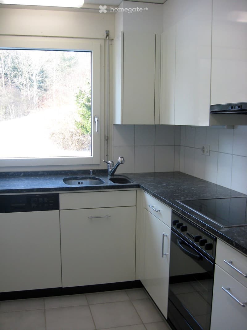 Modern kitchen with white cabinets, granite countertops, a double sink, dishwasher, and oven. Features a large window with a view of trees.