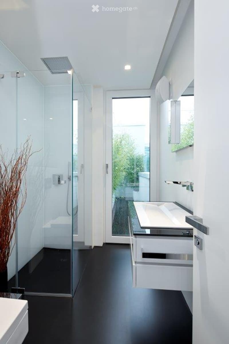 Modern bathroom with black tiled floor, white walls, glass shower enclosure, and a white sink with a mirror above it.
