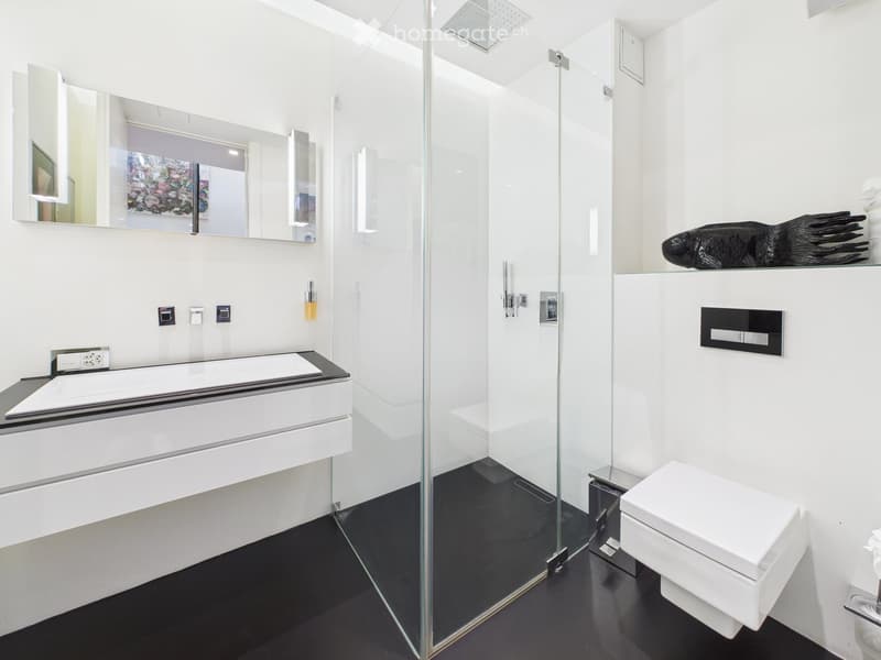 Modern bathroom with white walls, black floor, glass shower enclosure, white sink, and toilet.