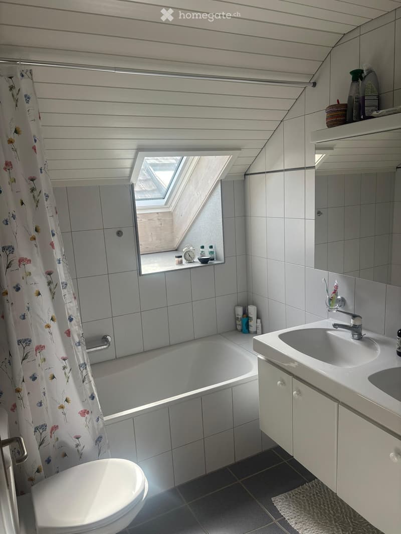 Bright bathroom with white tiles, a bathtub, a sink, a toilet, a mirror, and a skylight window above the bathtub. The room includes a shower curtain, a toothbrush holder, and various toiletries on the sink and bathtub ledge.