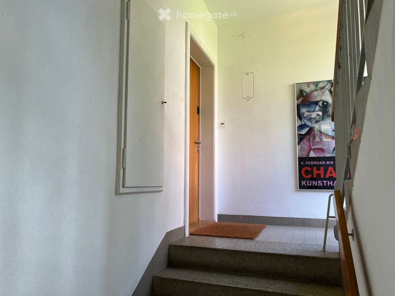 A narrow hallway with white walls, a wooden door, a small rug, and a staircase leading upwards. A poster is displayed on the wall.